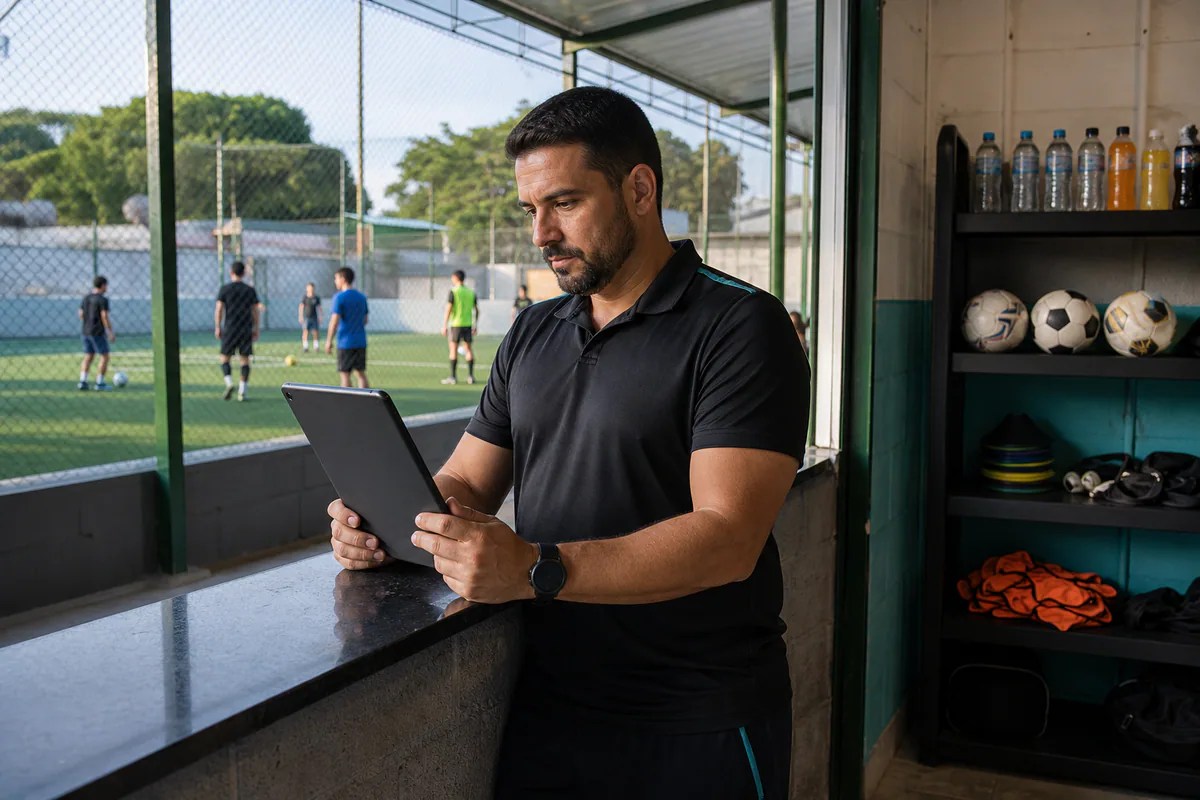 Gestor acompanha a operação de uma quadra society em um tablet.