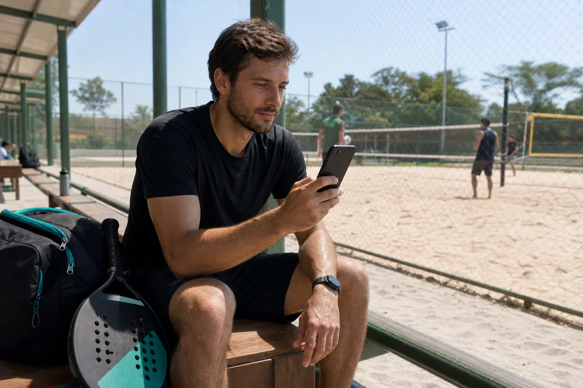 Jogador reserva uma quadra pelo celular ao lado de uma quadra de areia.