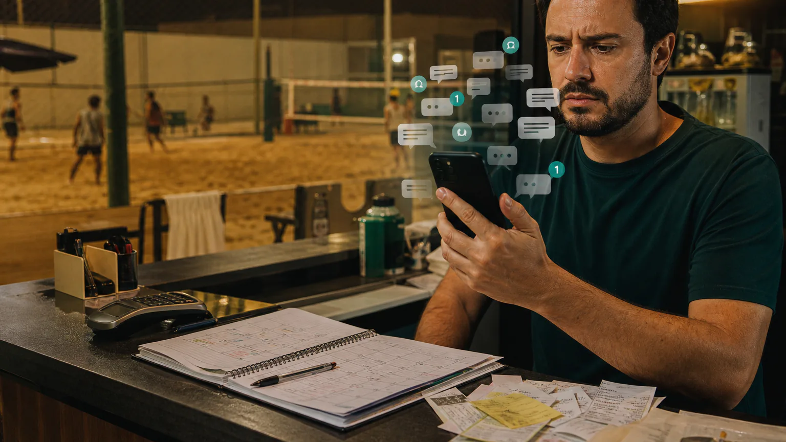 Gestor de arena preocupado com o volume de mensagens enquanto confere a agenda no balcão