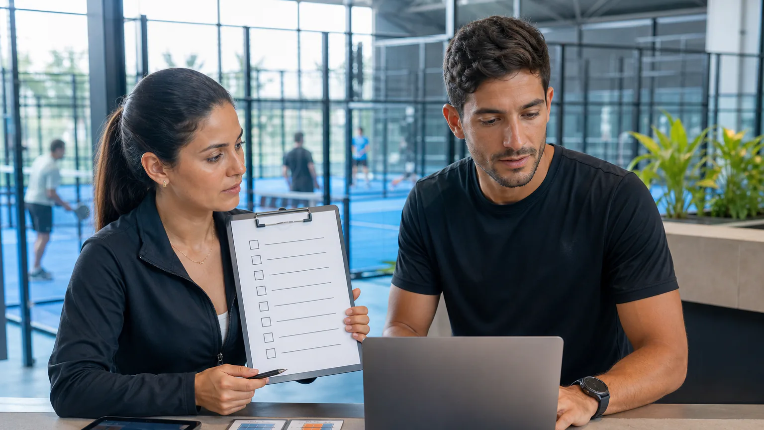 Gestora e especialista revisam um checklist de implantação com notebook e tablet na arena