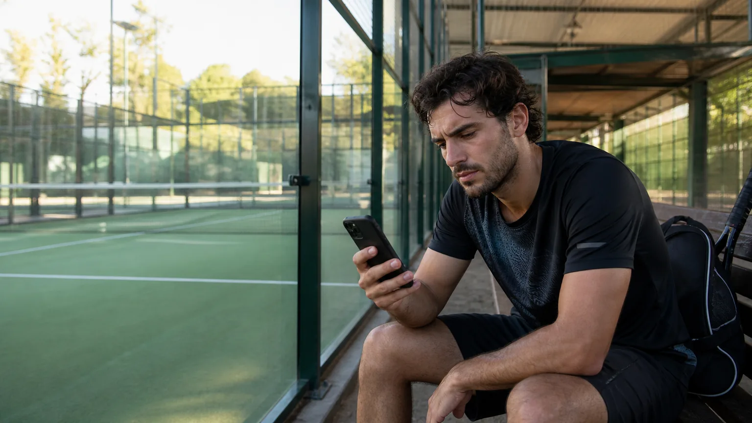 Jogador decepcionado aguarda a confirmação de um horário enquanto consulta o celular ao lado da quadra
