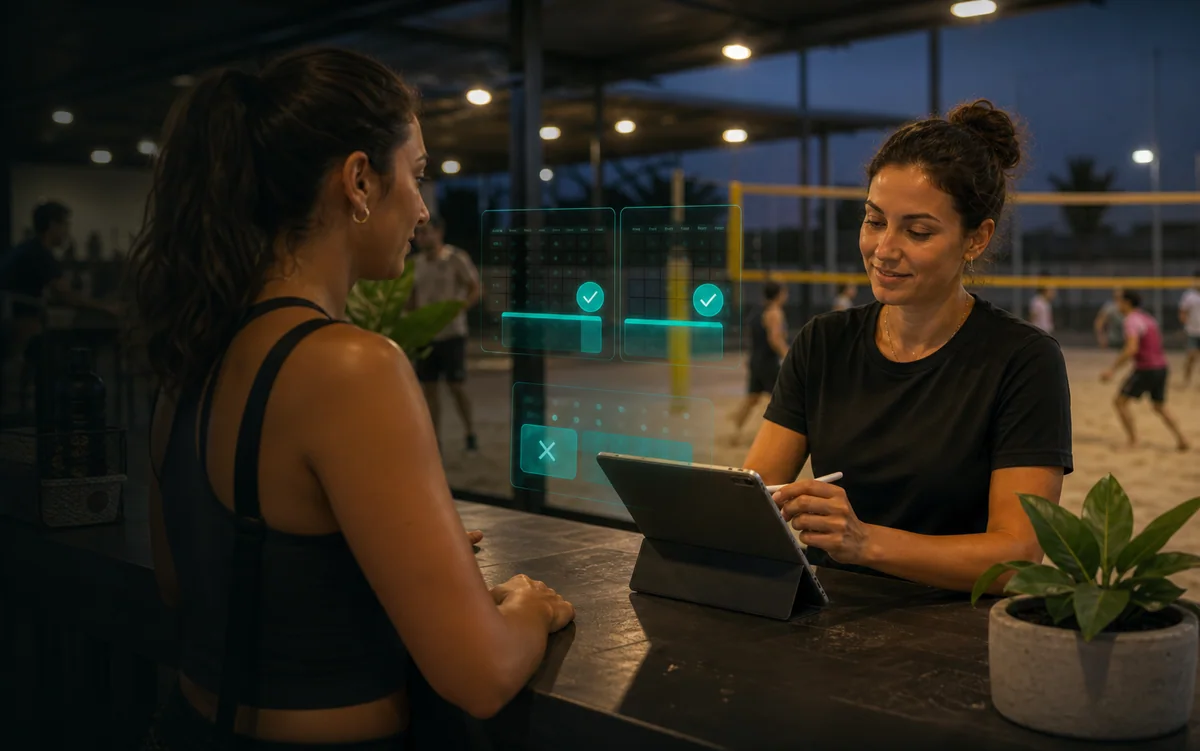 Atendente de arena validando horários em um tablet enquanto cartões digitais de agenda aparecem sobre o balcão