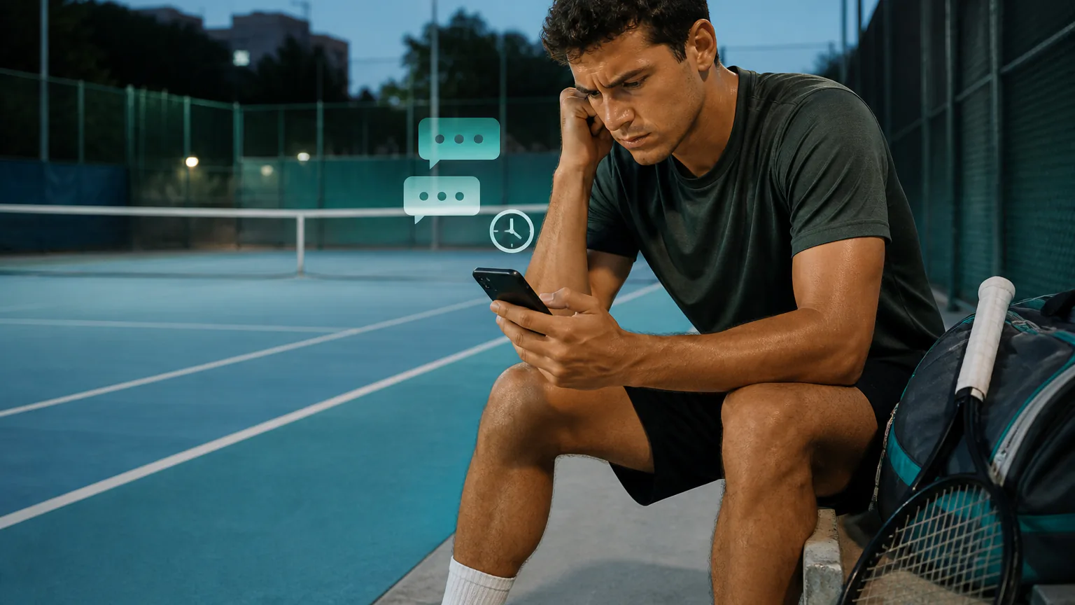 Jogador aguarda uma resposta no celular enquanto uma quadra permanece disponível ao fundo