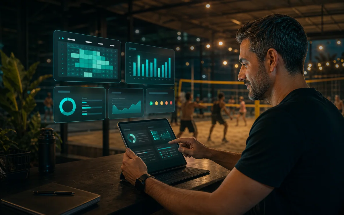 Gestor de arena esportiva analisando painéis de ocupação e receita em um tablet ao lado das quadras