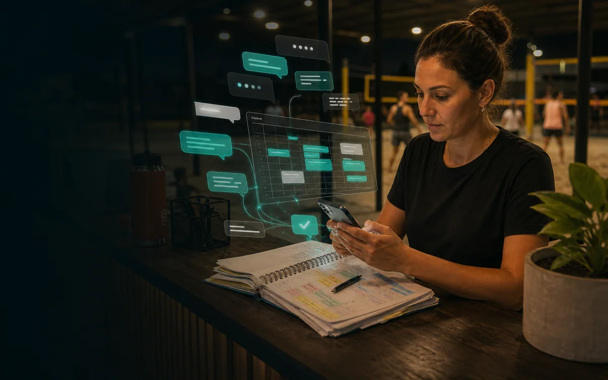 Atendente de arena usando o celular enquanto mensagens e agenda digital aparecem sobre uma mesa de operação