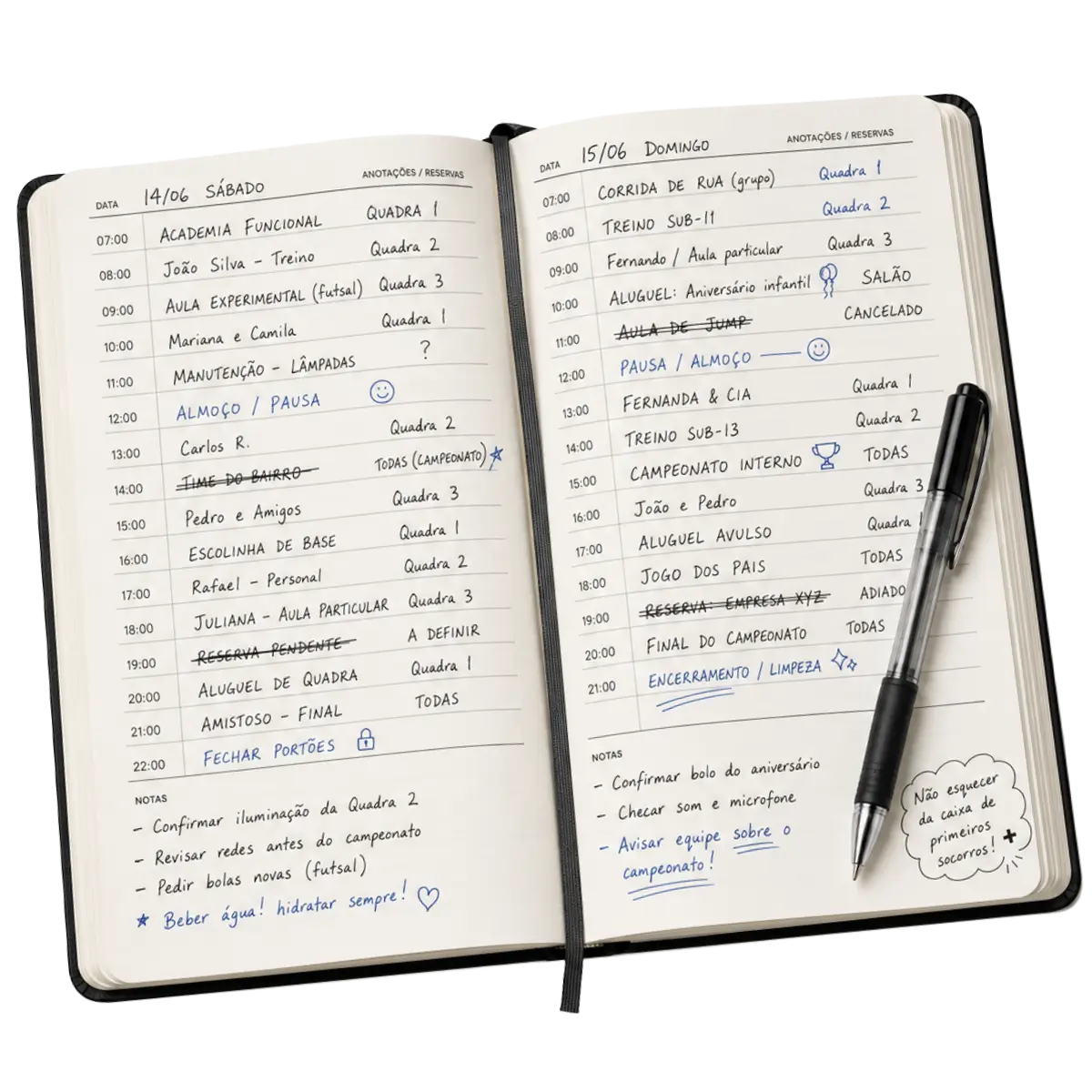 Caderno de agenda com horários, rasuras e anotações espalhadas
