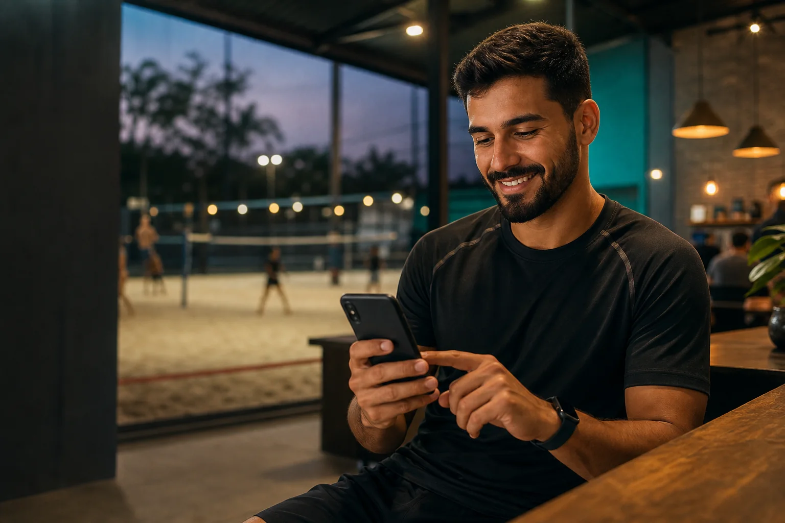 Jogador usando o celular para reservar uma quadra em uma arena esportiva