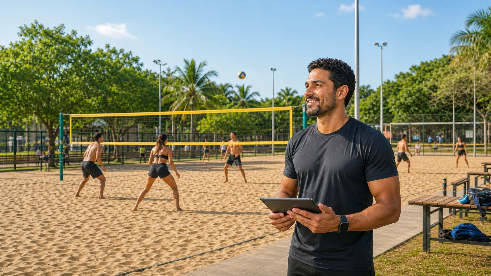Gestor acompanha a operação de uma arena esportiva em um tablet