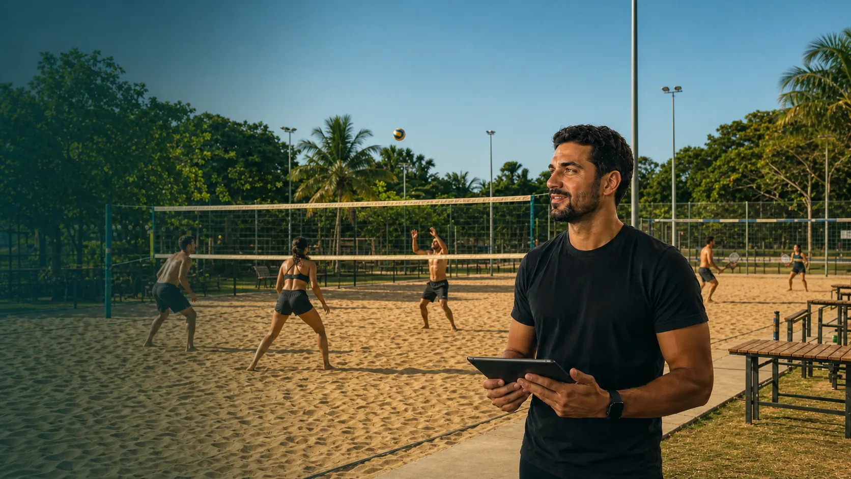 Gestor acompanha a operação de uma arena esportiva em um tablet