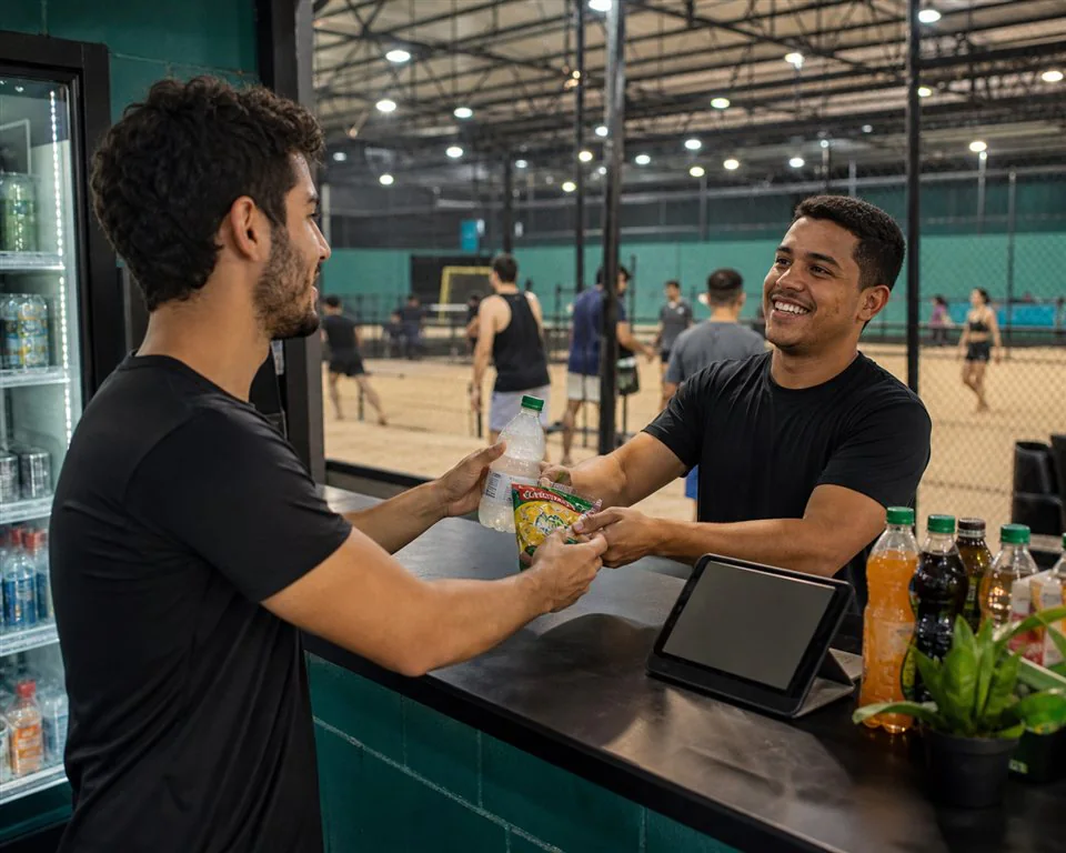 Atendente de arena entregando bebida e snack ao jogador em um balcão esportivo