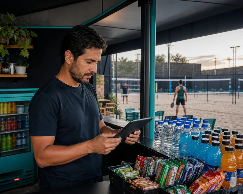 Gestor de arena conferindo estoque de bebidas e snacks em um tablet