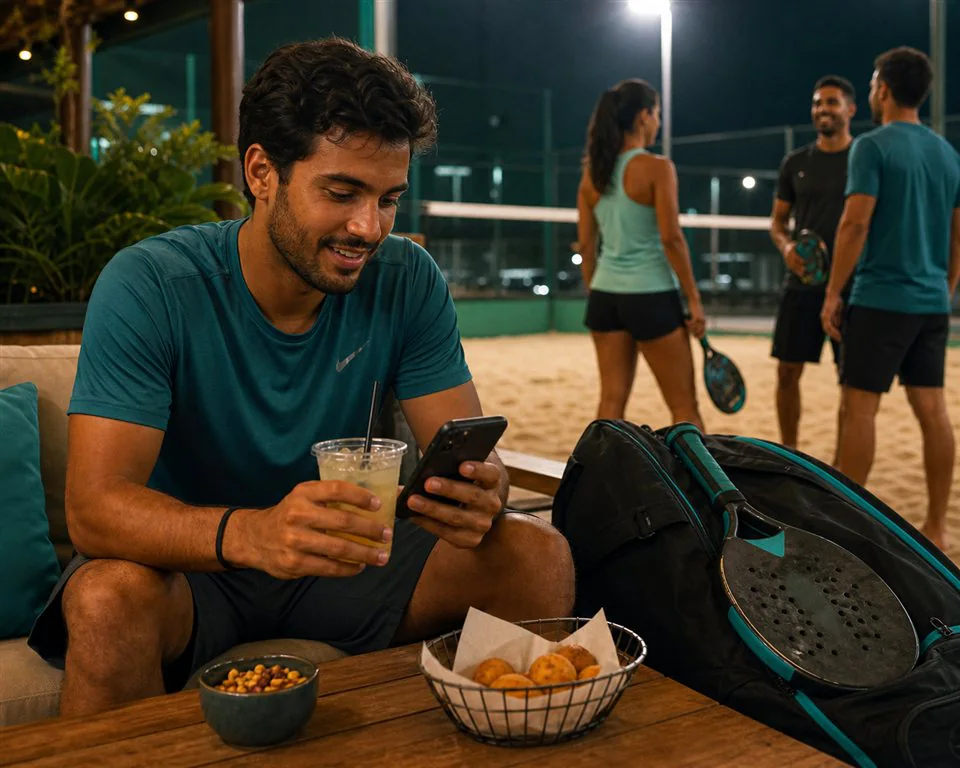 Jogador em arena esportiva escolhendo uma bebida e um snack enquanto usa o celular